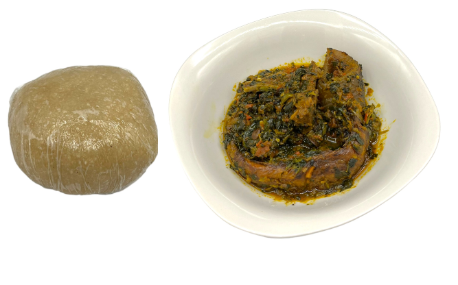 Eba (cassava grit fufu) with Efo riro (Vegetable Soup)