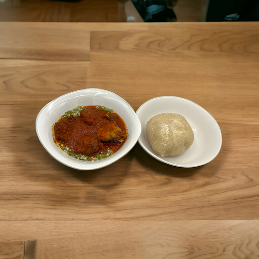 Eba (cassava grit fufu) with Okro and Stew